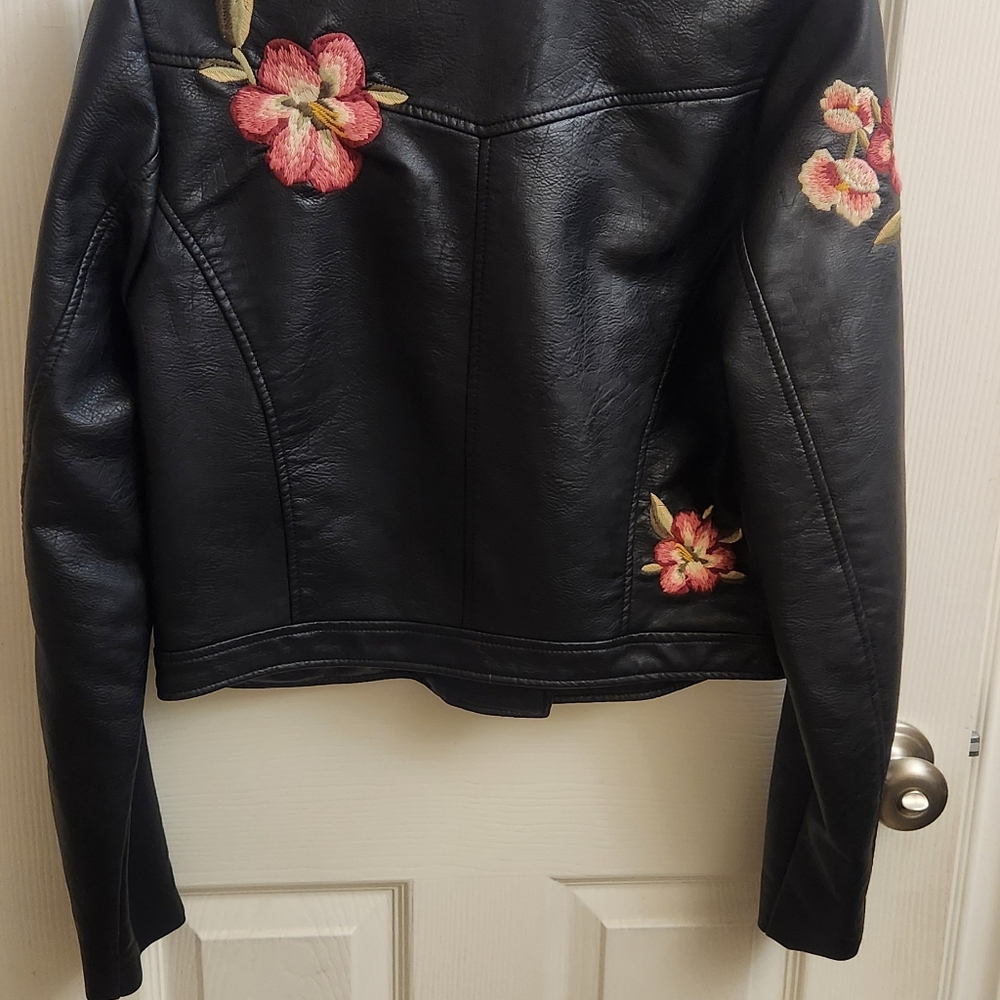Jessica Simpson Black Leather Jacket with Pink Floral Embroidery - Picture 3 of 9